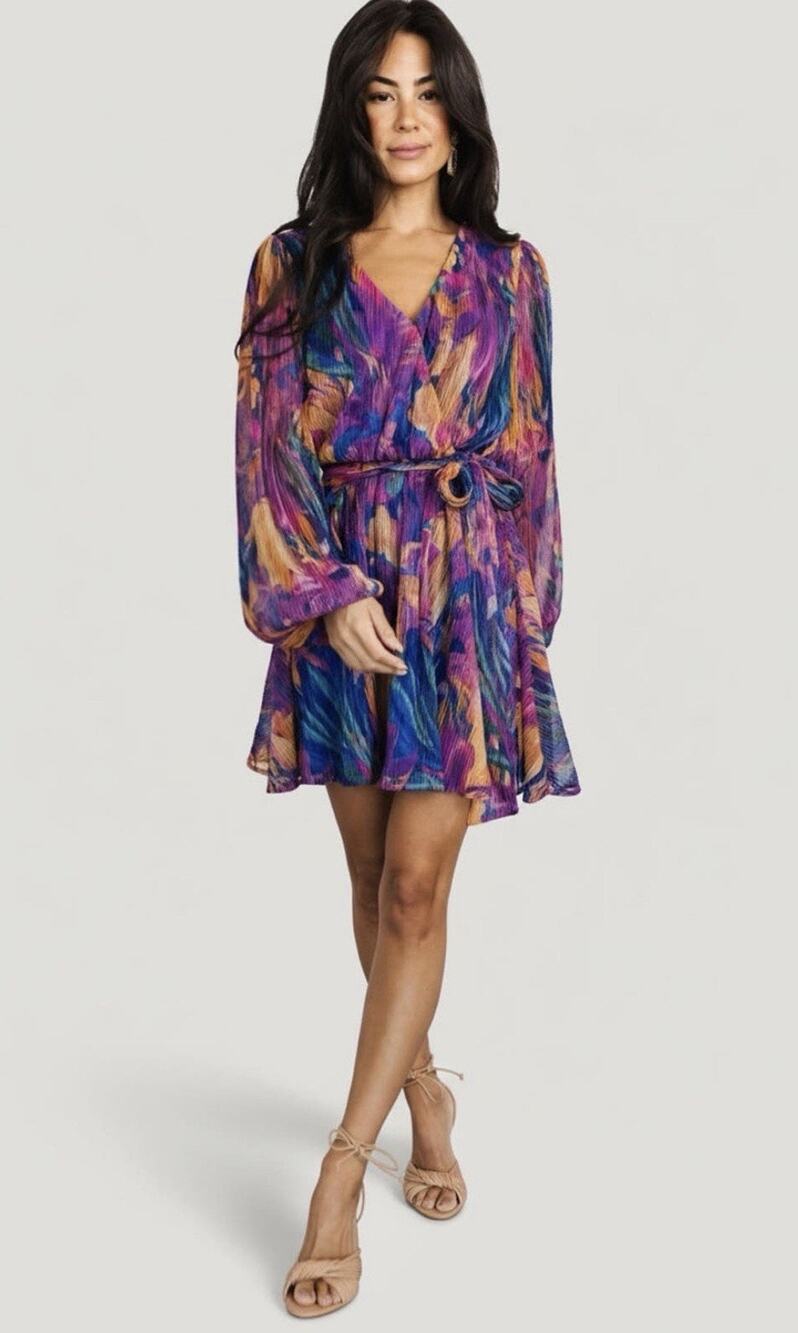 Baltic Born Rev Pleated Mini Dress Orchid Multi Floral Metallic Shimmer Sz Small